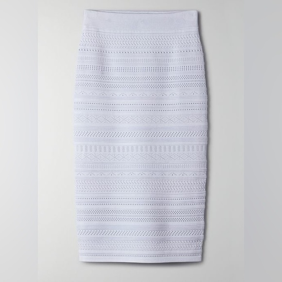 Aritzia! 🩷 Bodycon Babaton Knit Eyelet Lace Sheer Tube Skirt glimmer, light blue - Picture 1 of 7